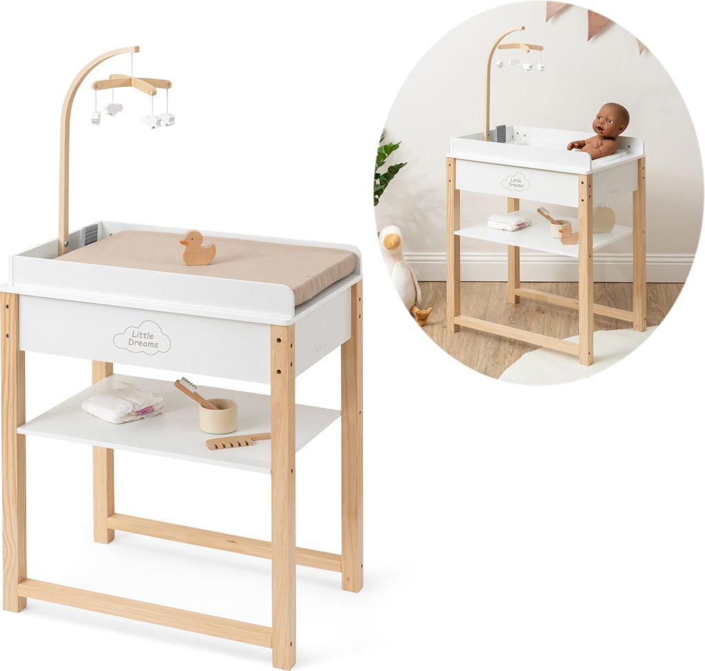 ELLA & PIET Puppenwickeltisch SPLASHY mit Badewanne und Mobile aus Holz (Weiß-Schlamm)