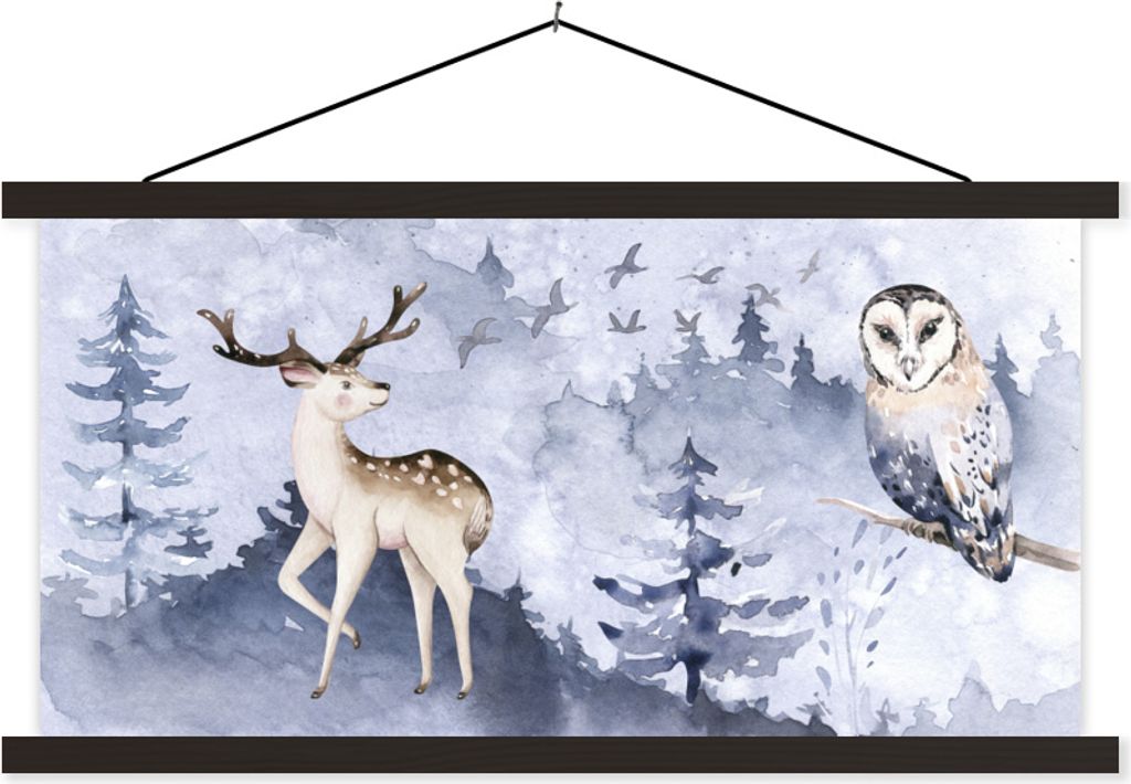 MuchoWow Textilposter Winter - Rotwild - Eule 90x45 cm mit schwarzem Rahmen - Klemmleisten