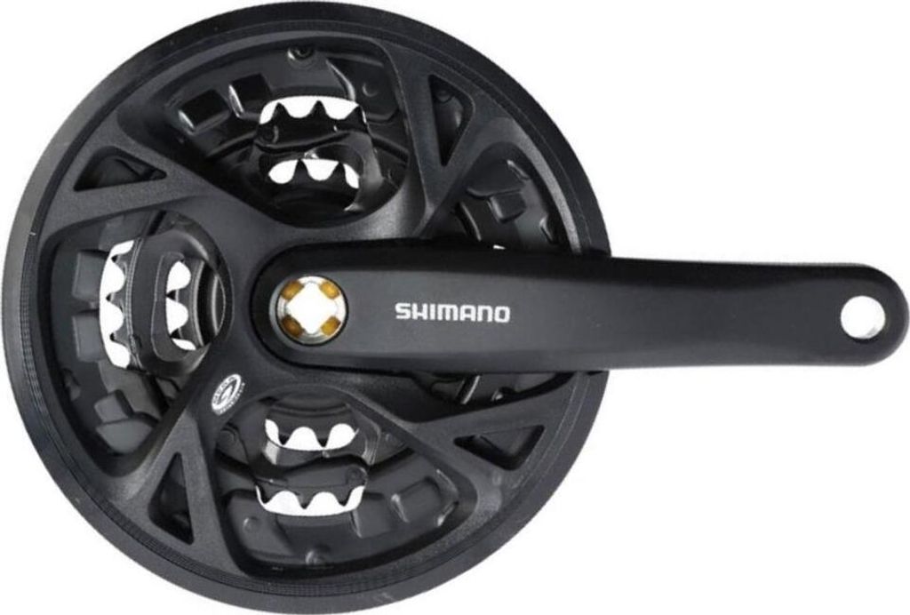 A black bicycle crankset with the Shimano logo is shown against a white background.
