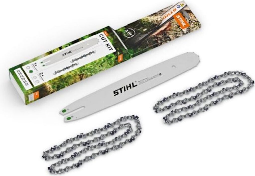 A Stihl cut kit, including a guide bar and two chains, laid out on a white background with its packaging.