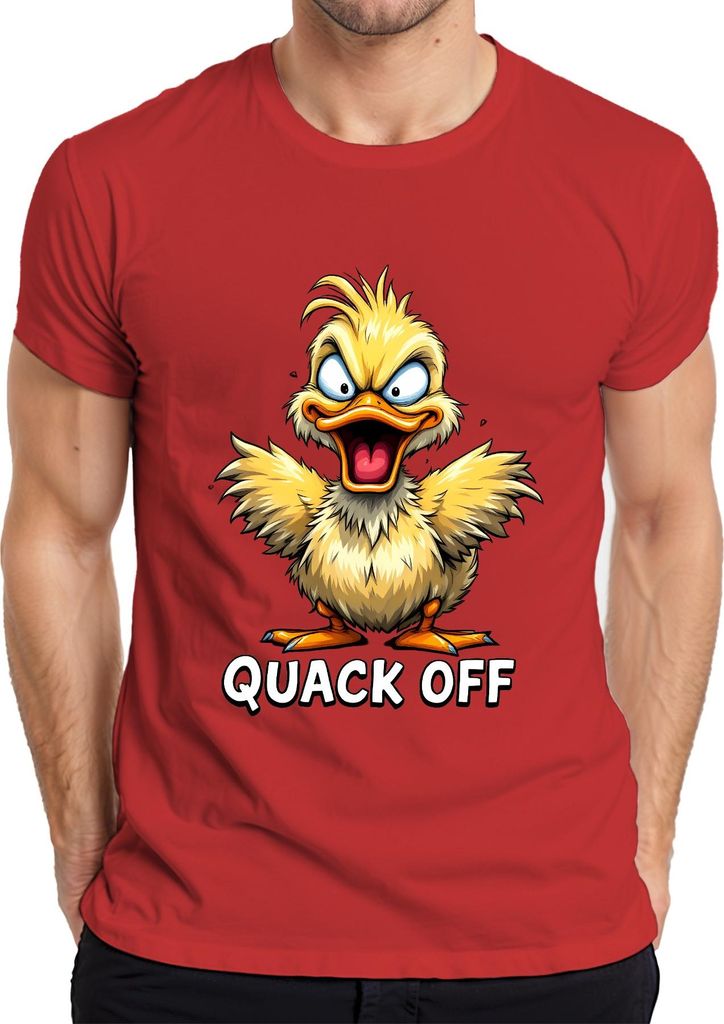 QUACK OFF freche Ente Cartoon lustig sarkastisch schwarzer Humor Herren T-Shirt, Rot, XL