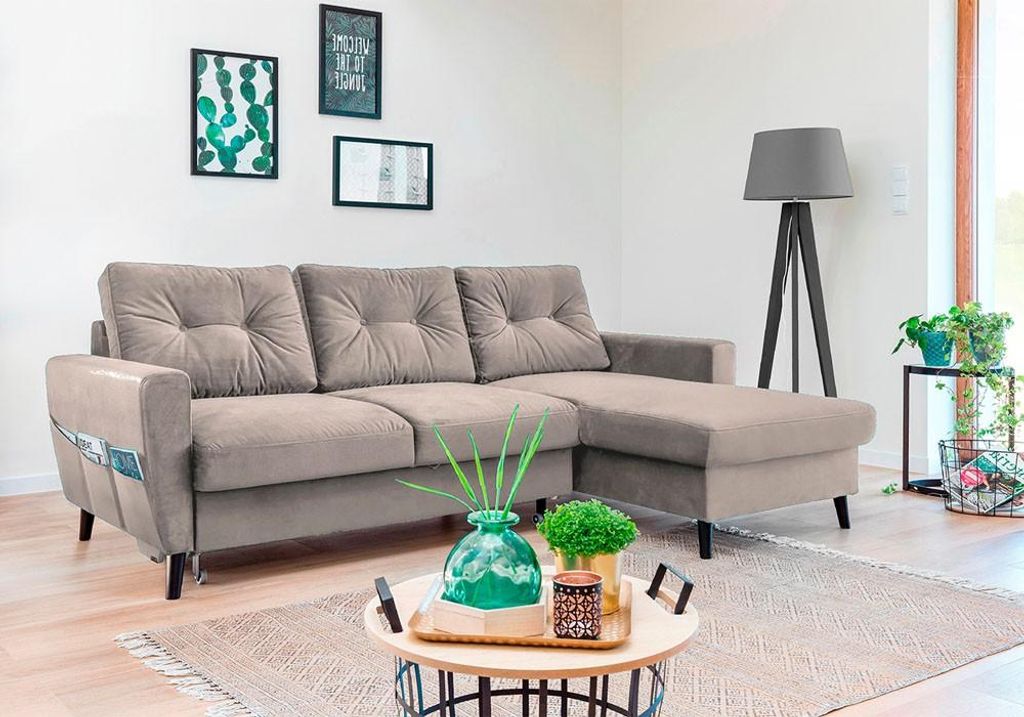 MIUFORM Lars Velours - Ecksofa mit Bettfunktion und Bettkasten - 223x148cm - Dunkelbeige - L-Form Rechts - Schlafsofa Couch