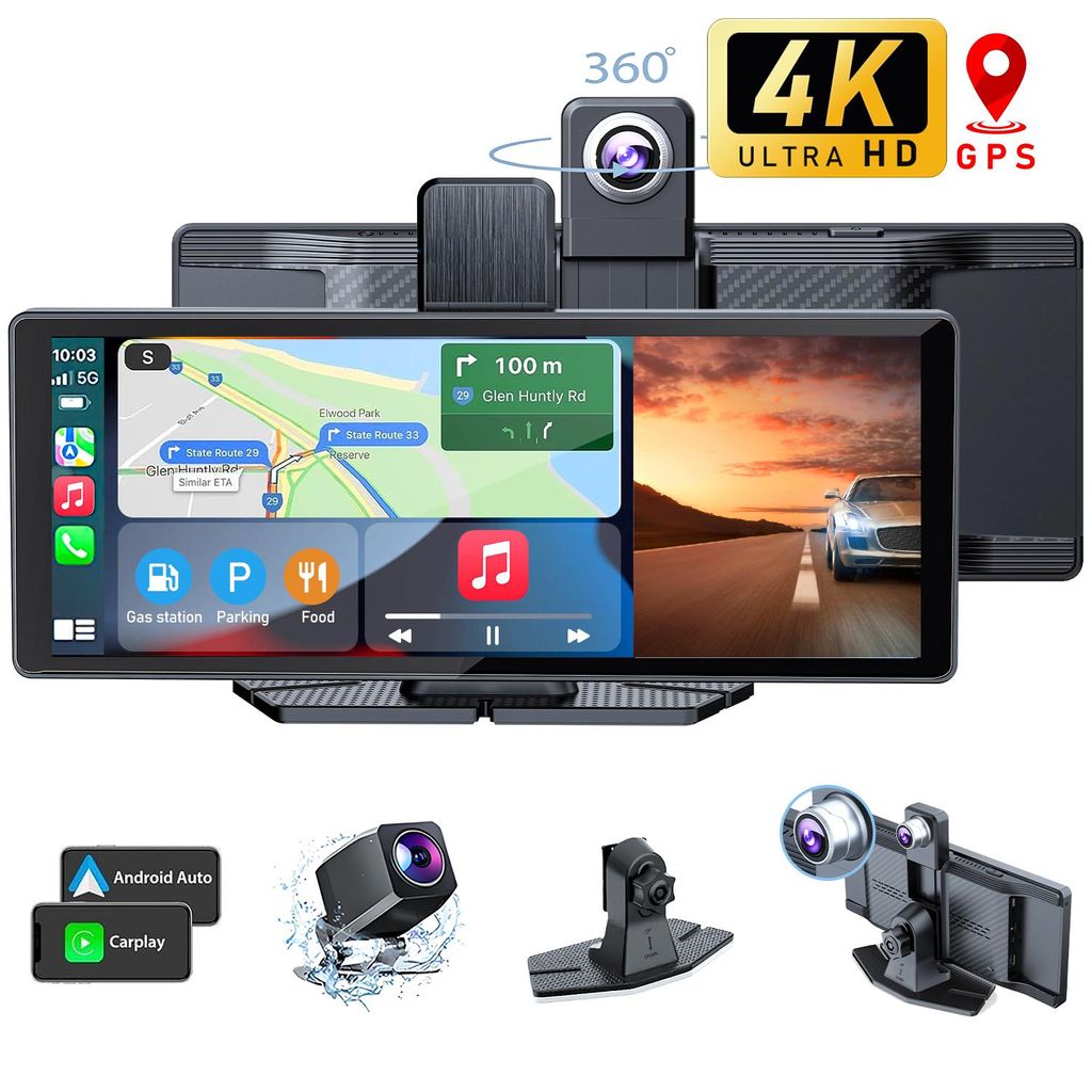 A collage of product images and marketing graphics for a car dashcam monitor.
