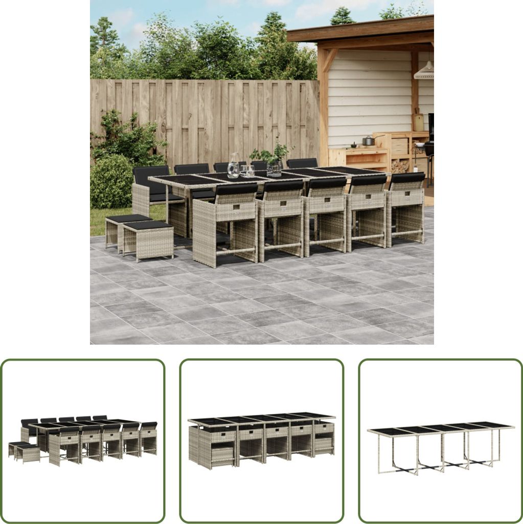 The Living Store 15-tlg. Garten-Essgruppe mit Kissen Hellgrau Poly Rattan