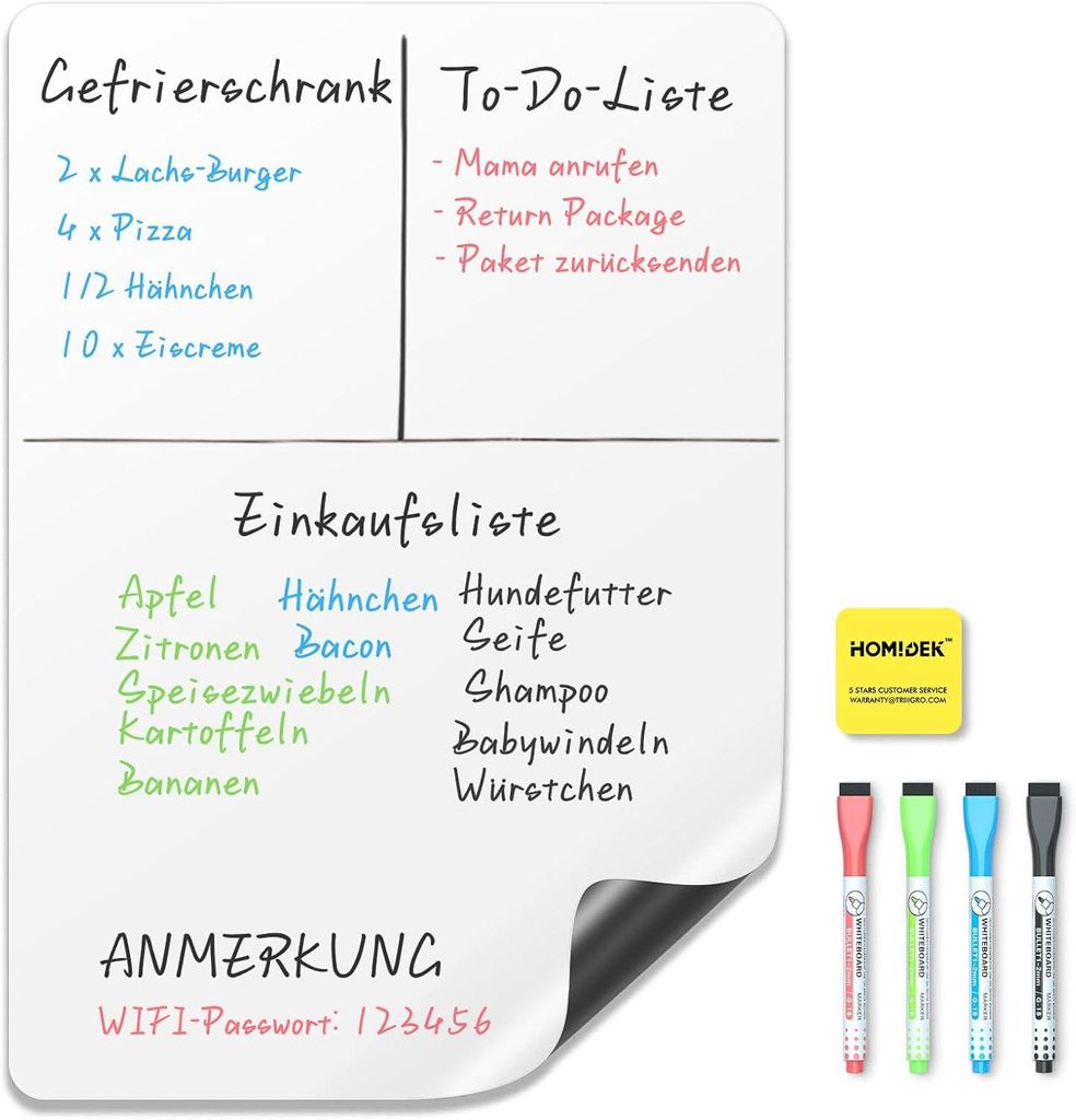 Homidek Magnetic Whiteboard Film Kühlschrank: A3 Board Küchenmenü Wöchentliche Planer Einkaufsliste Memo Reminder Notizen Wischen Sie sauber 3 ...
