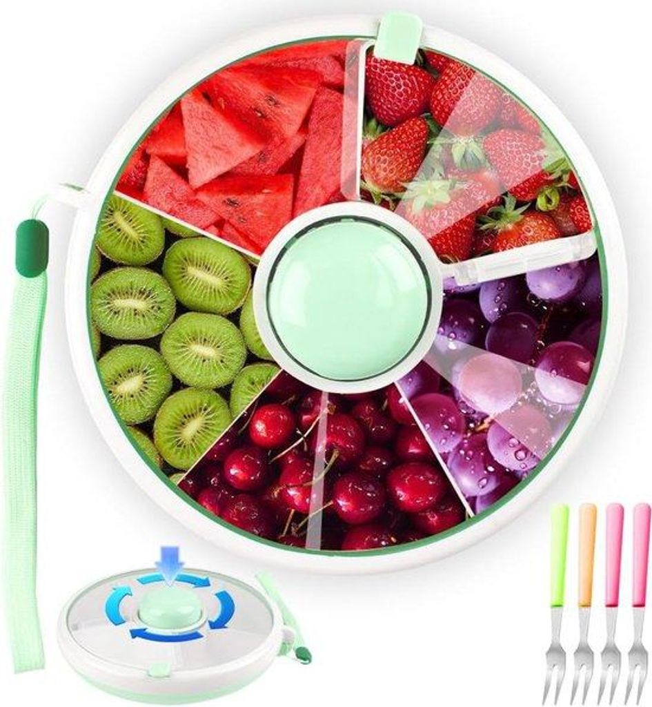 Kindersnackteller mit 5 Fächern, herstellbarer Plastiksnackbecher, Spinnerteller mit 4 kleinen Gabeln und Deckel, BPA-frei, Waschmaschinetauglich