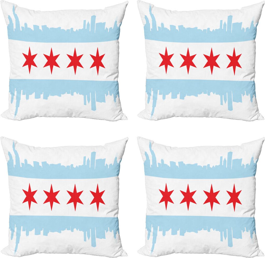 ABAKUHAUS Chicago Skyline Kissenbezug Set (4 Stück), Gebäude Flagge, Moderner Doppelseitiger Digitaldruck, 40 cm x 40 cm, Rot Weiß Babyblau