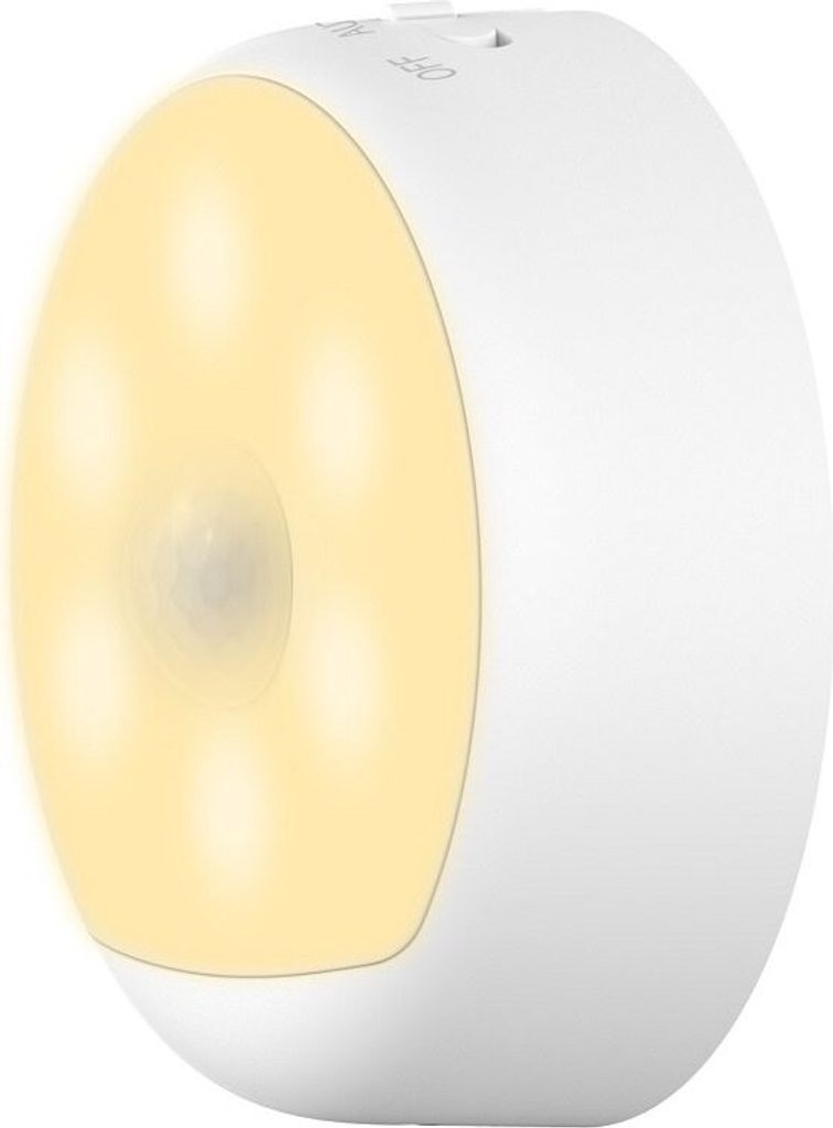 A white, round LED night light with a yellow illuminated front panel.