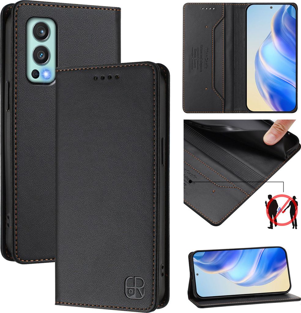 Lederhülle für OnePlus Nord 2 5G Hülle Flip Brieftasche Kartenfächern Ständer Schutzhülle Schwarz