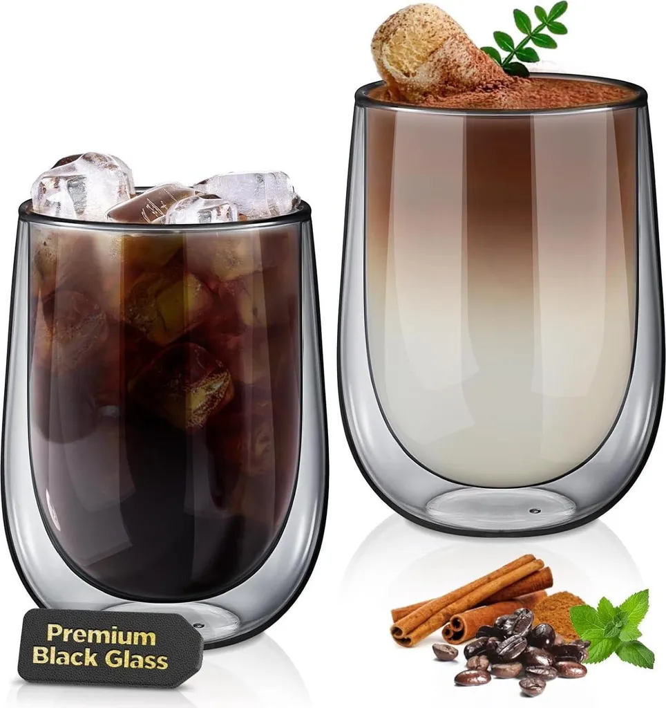 Tazze Vetro Doppia Parete Nera 350ml: Set 2 Pezzi Elegance Macchiato
