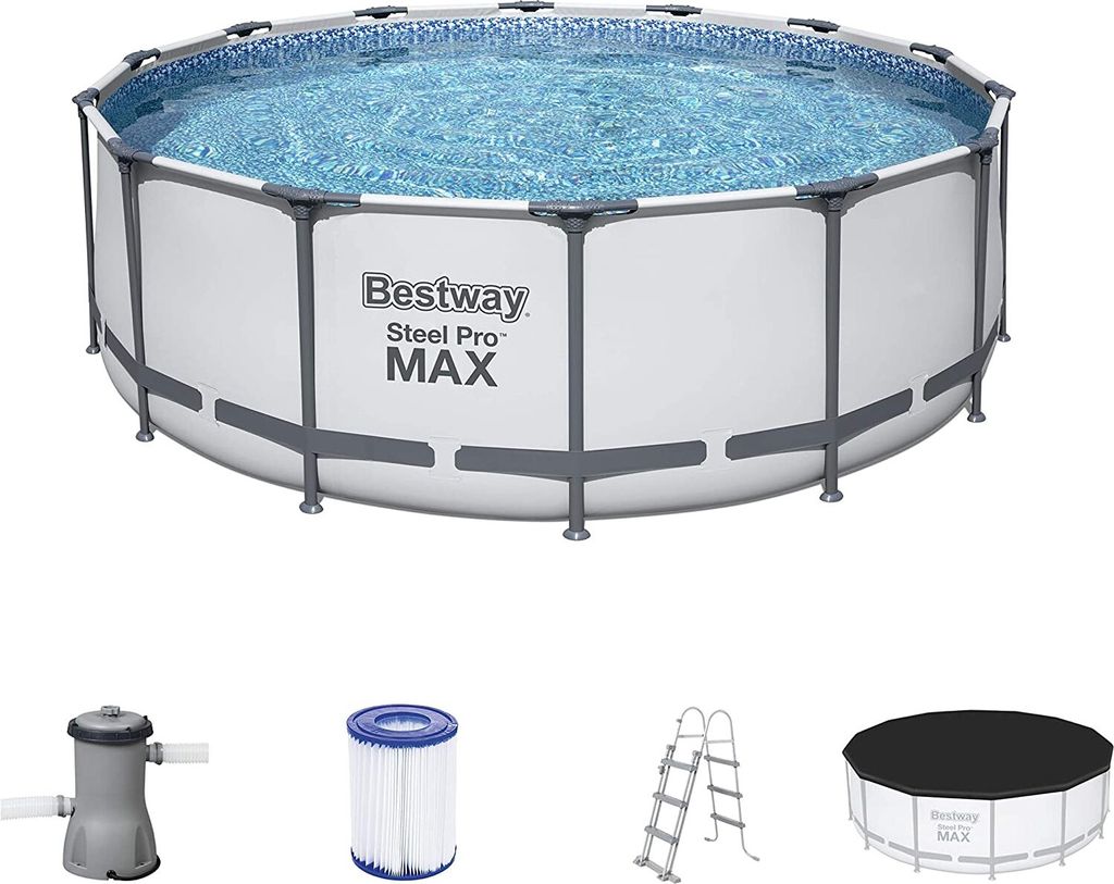 A collage of an above-ground swimming pool and its accessories.