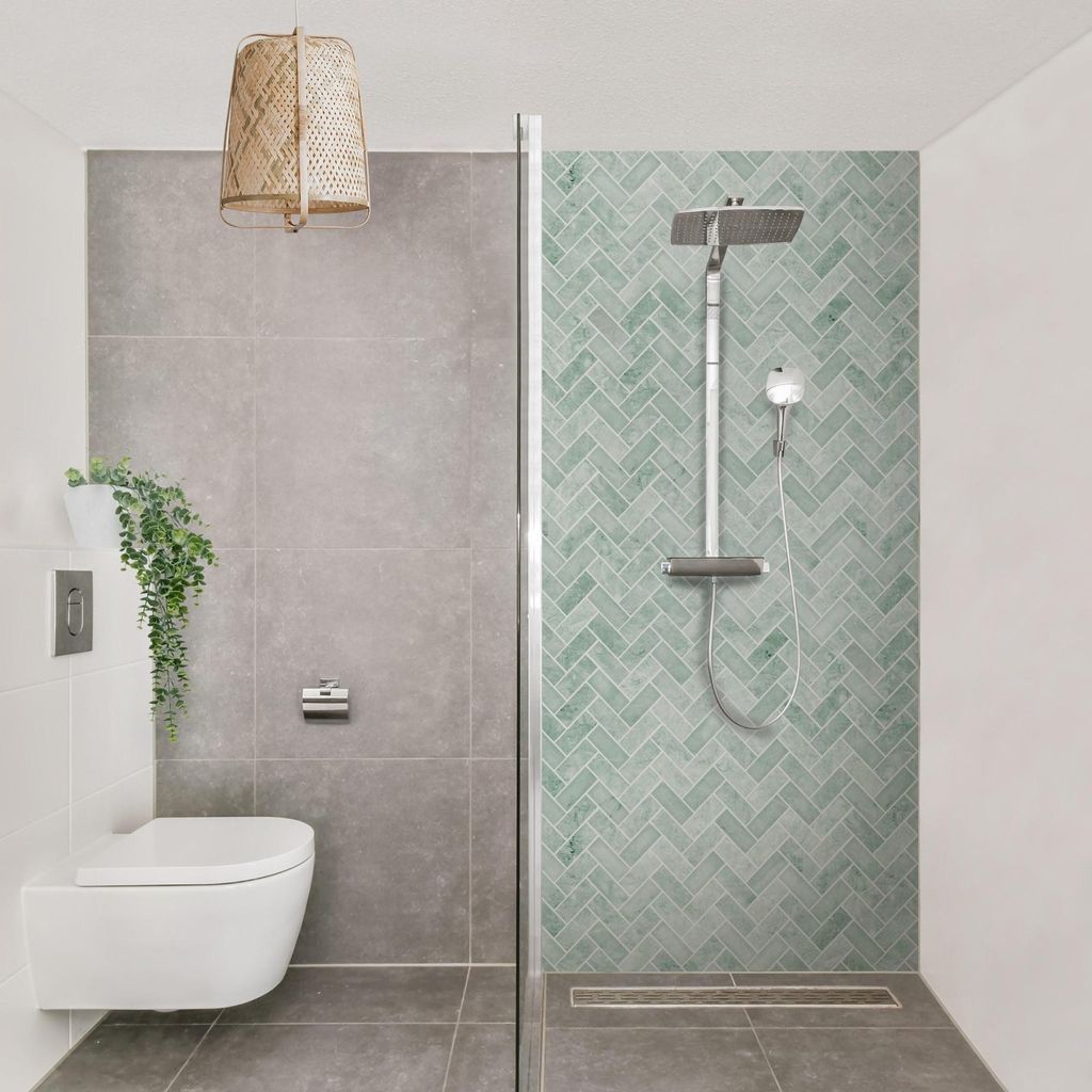 Duschrückwand mit Motiv selbstklebend - 0.61 mm Wandpaneel wasserfest Design grün Fliesenoptik Abstrakt Badrückwand fugenlos Premium matt 110x19...