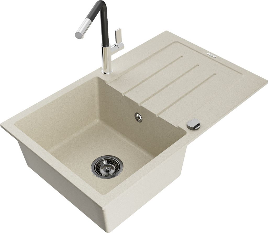 Mexen Bruno 1 Becken-Granitspüle mit Abtropffläche und Mischbatterie Flora, Beige - 6513-69-670401-07-B
