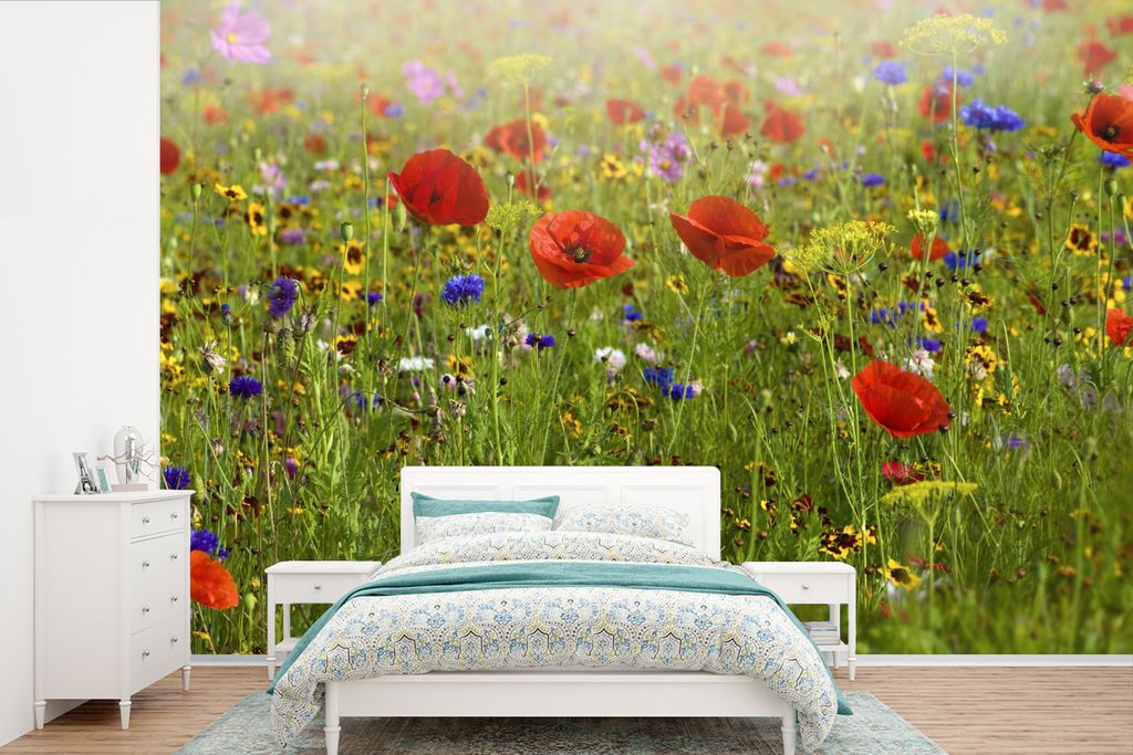 MuchoWow Fototapete für Wohnzimmer oder Schlafzimmer Wandtapete Vinyl Motivtapete Nahaufnahme Blumenfeld - 330x220 cm - Fototapeten