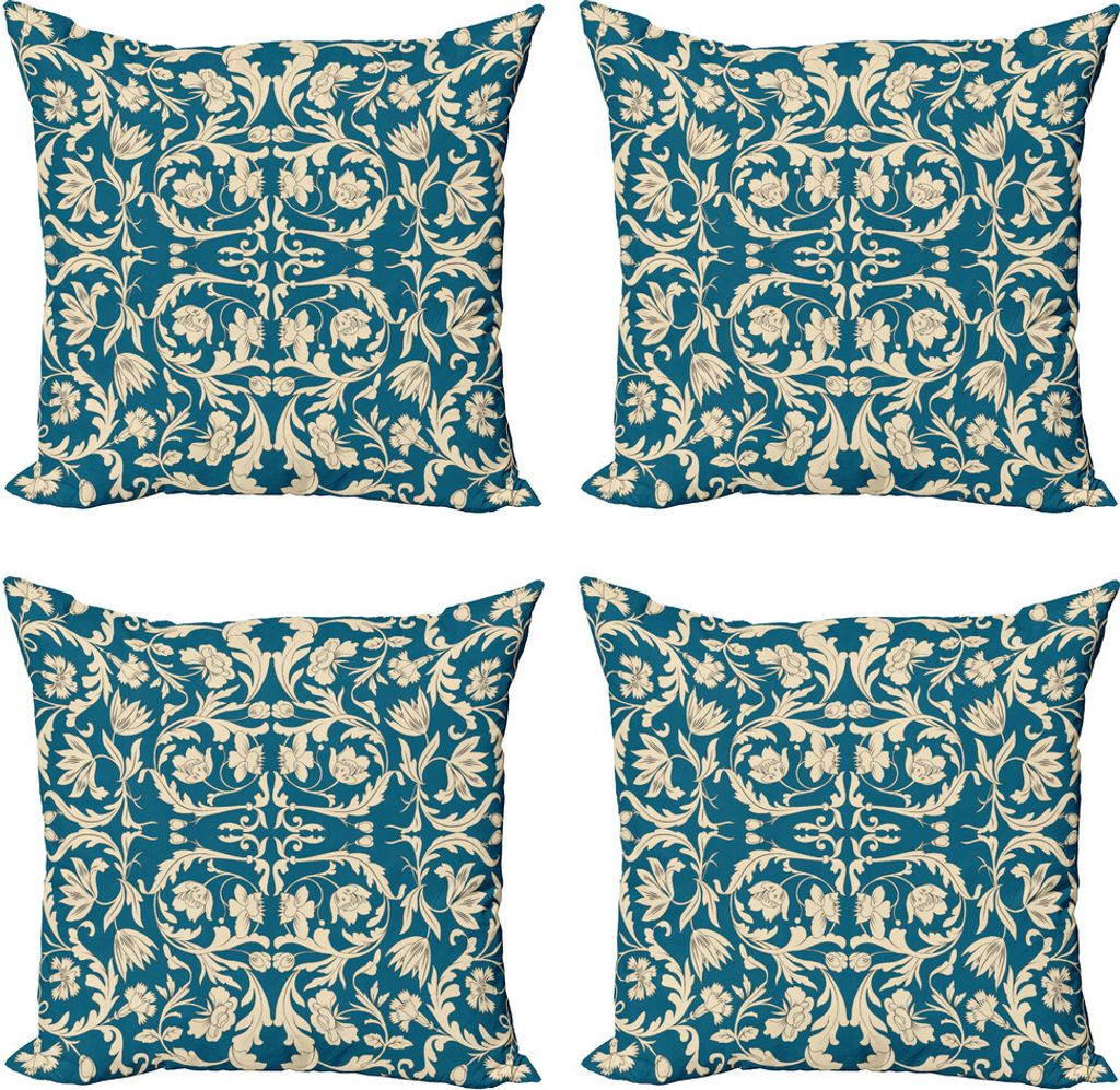 ABAKUHAUS Chinesisch Kissenbezug Set (4 Stück), Oriental Antike Rolle, Moderner Doppelseitiger Digitaldruck, 60 cm x 60 cm, Petrol Blau und Creme