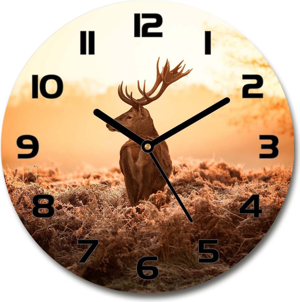 Wanduhr aus Glas 30fi Glasbild Glasuhr Gehärtetes Glas - schwarze-zeiger - Deer sunrise