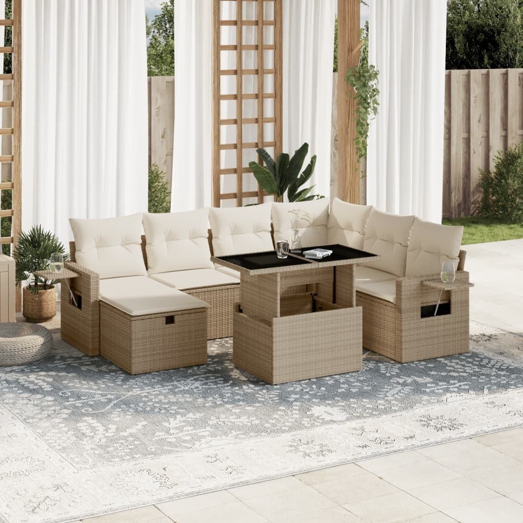 Design 8-tlg. Garten-Sofagarnitur mit Kissen Beige Poly Rattan, Gartenmöbel-Sets 2024 Neu