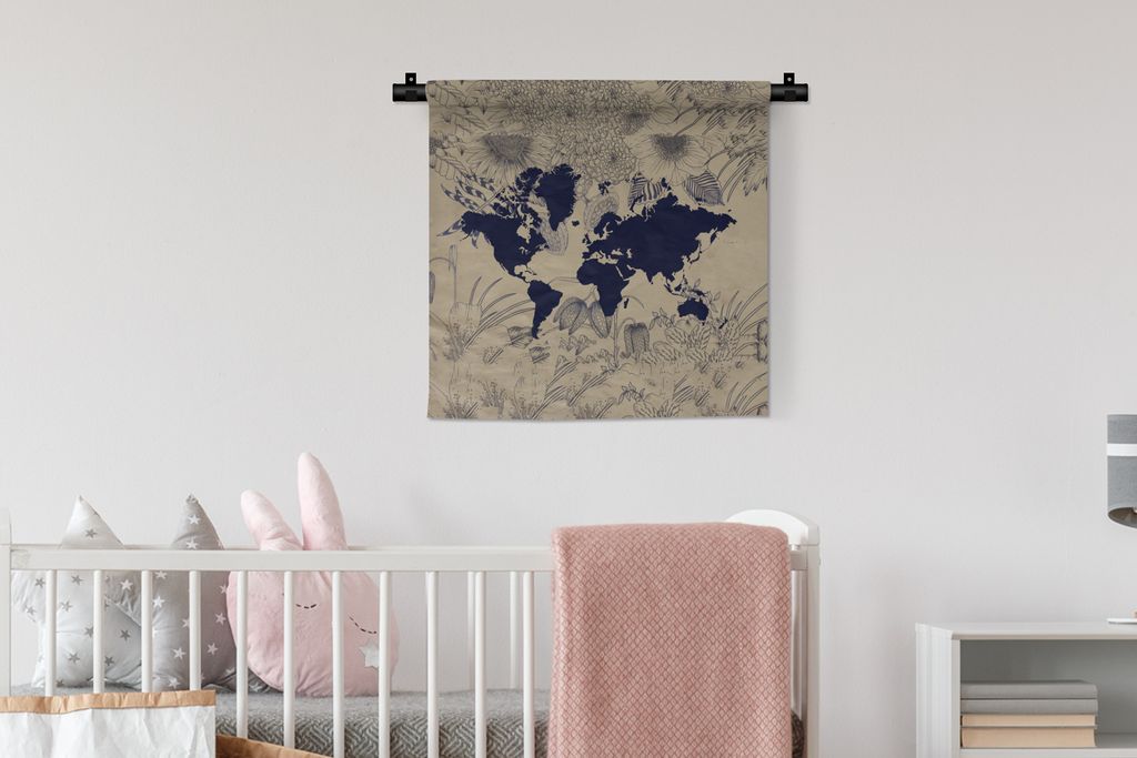 MuchoWow Wandteppich Wandbehang Weltkarte - Pflanzen - Lila 60x60 cm Tapisserie Dekoration Wandtuch - Dekorationen - Wand Decke
