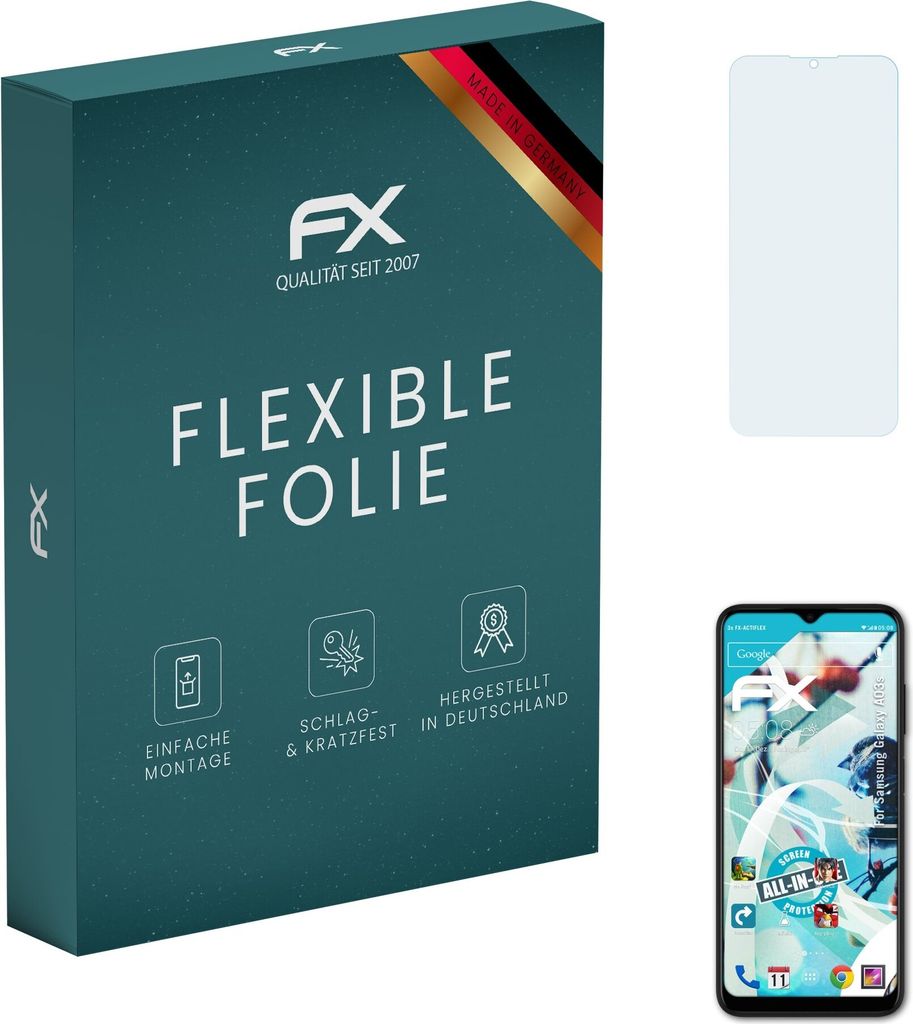 atFoliX FX-ActiFleX 3x Schutzfolie kompatibel mit Samsung Galaxy A03s Folie