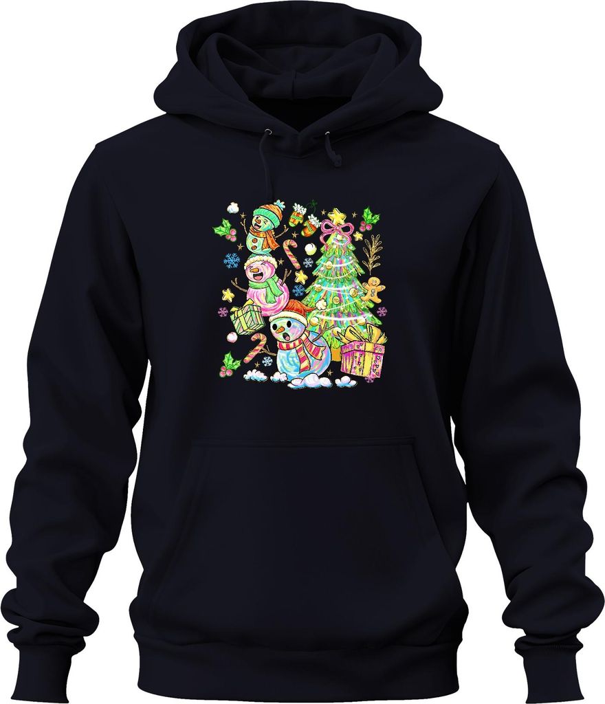Weihnachten Schneemann Tannenbaum Zuckerstange Lebkuchen bunt Uni Hoodie Kapuzenpullover, Navy, 3XL