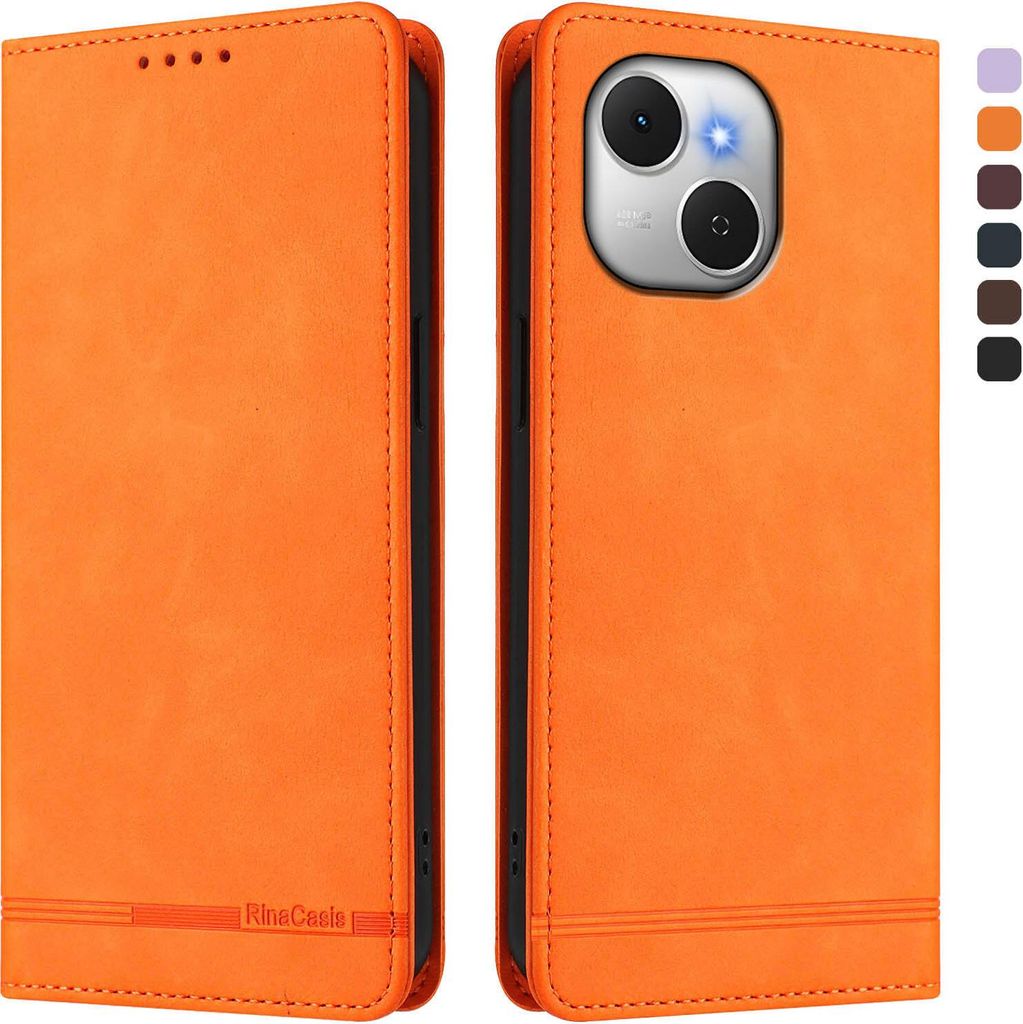 Hülle für Tecno Spark 40C, Retro Kunstleder Ständer Klapphülle mit Kartenfächer und Magnetische Orange