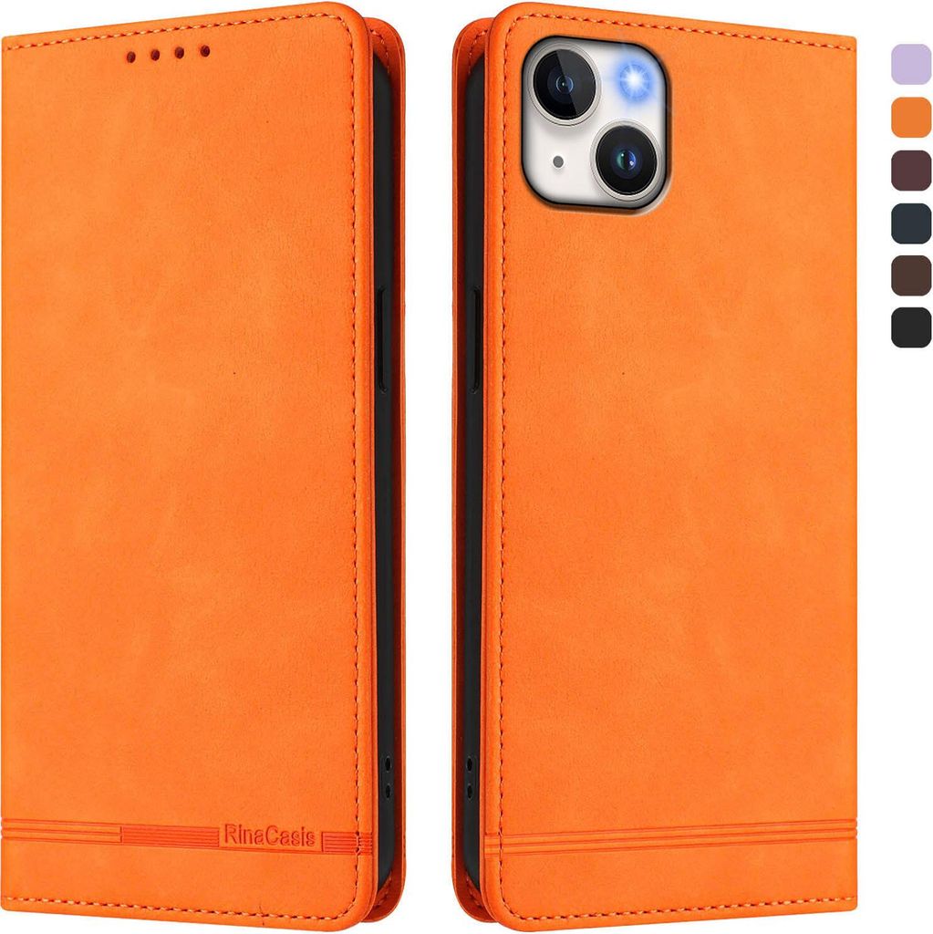Hülle für iPhone 14 Plus, Retro Kunstleder Ständer Klapphülle mit Kartenfächer und Magnetische Orange