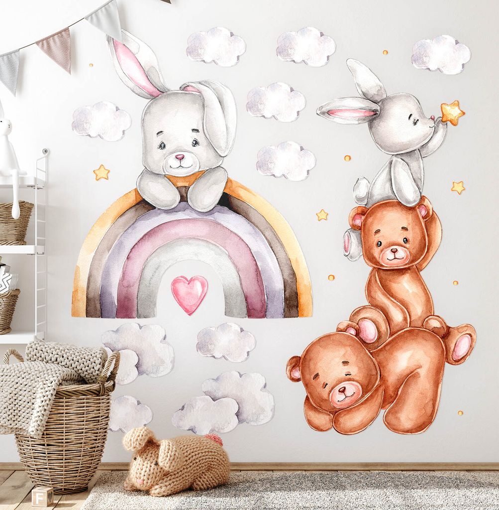 Hasen und Wolken – Wandgestaltung – Wandbilder Kinder – Motivtapeten Set – Wanddekor Kinderzimmer – Selbstklebende Wandsticker – 80x134 cm