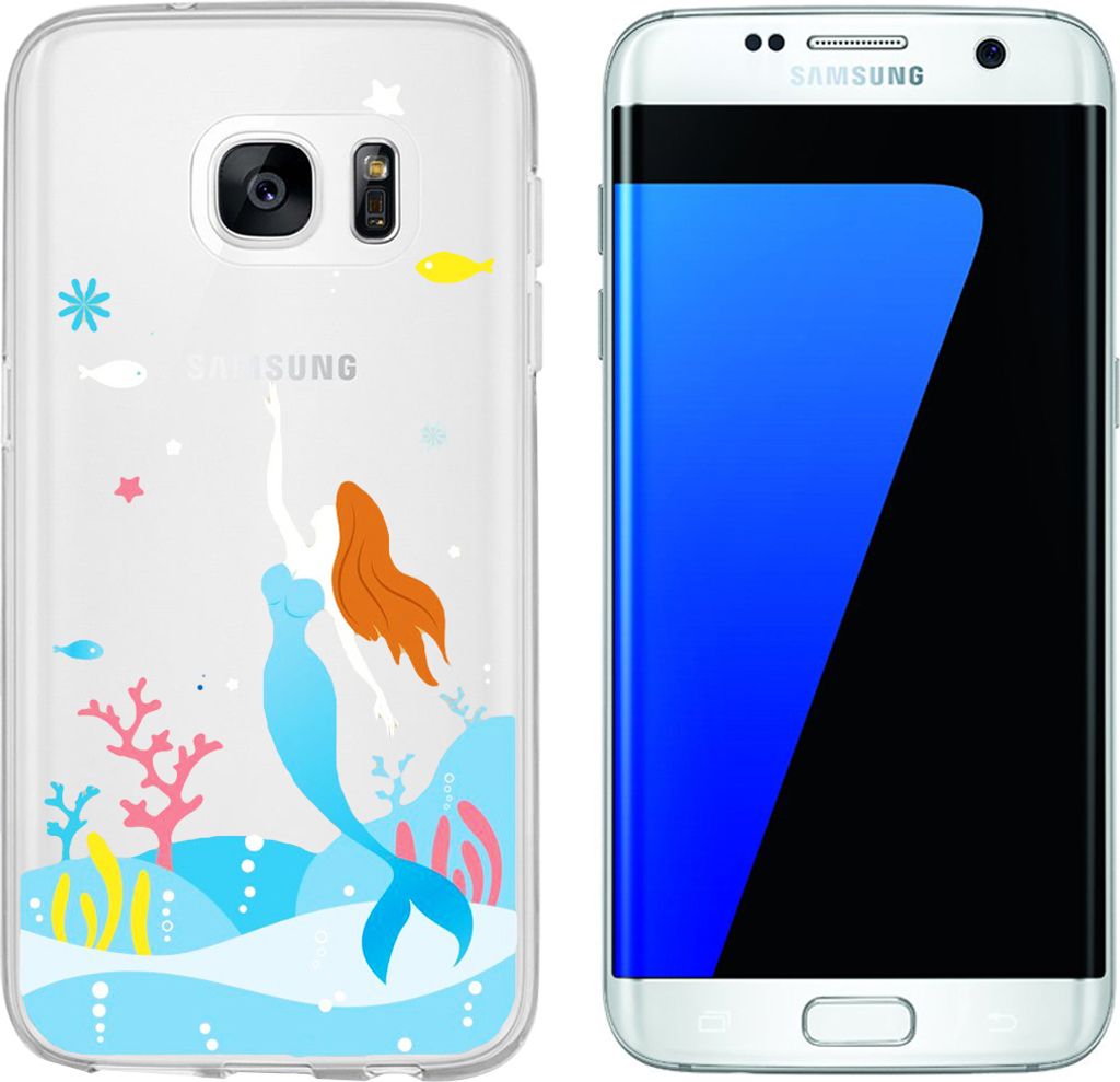 wortek Designer High Quality TPU Silikon - Case Schutzhülle Transparent mit Logo Motiv für Samsung Galaxy S7 Edge (Meerjungfrau)