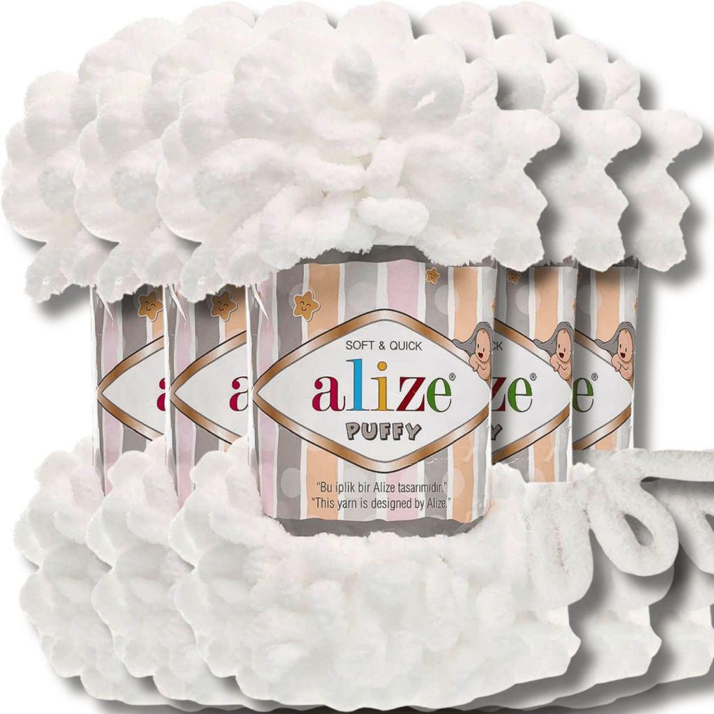 Alize 5x 100g Puffy Wolle, Uni, Häkeln, Stricken (White - Produktbild 