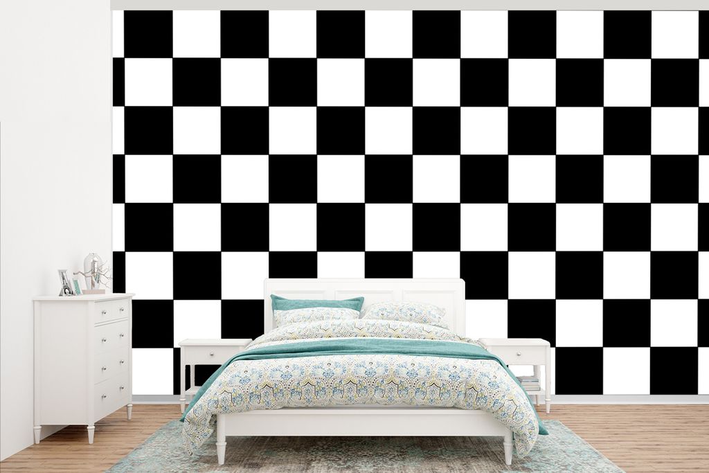MuchoWow Fototapete für Wohnzimmer oder Schlafzimmer Wandtapete Vinyl Motivtapete Schachbrett - Muster - Schwarz und Weiß - 375x240 cm - Wand T...