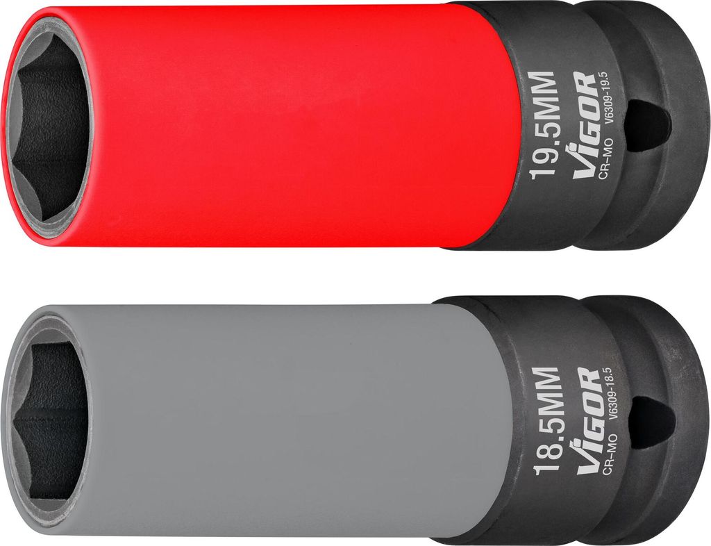 Two impact sockets, one red and one gray, are shown side-by-side against a white background.