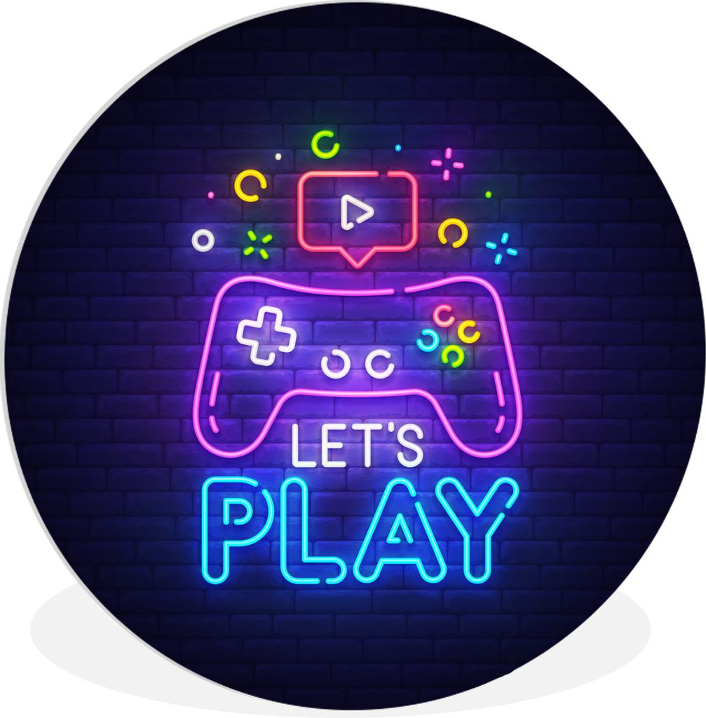 MuchoWow Rundes Wandbild - Runde Bilder Spiele - Neon - Let's Play - Controller - Zitate Ø 90 cm Kreis Wanddekoration Kunststoff - Wandkreis - W...