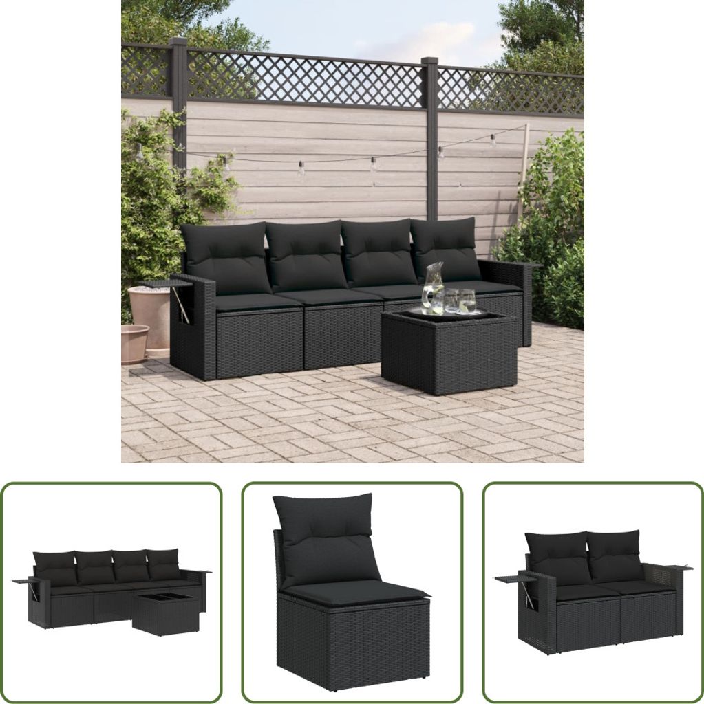 The Living Store 5-tlg. Garten-Sofagarnitur mit Kissen Schwarz Poly Rattan