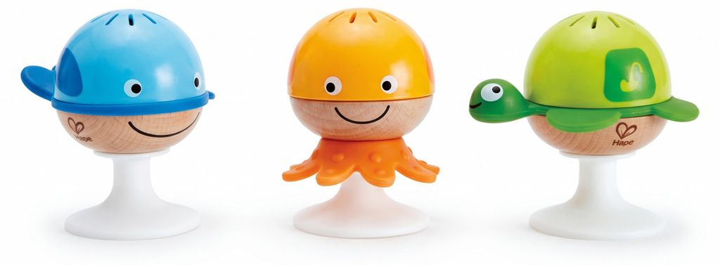 Hape E0330 set van 3 rammelaars met zuignap - Zeedieren: Productafbeelding 