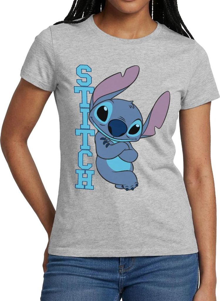 Lilo & Stitch | Stitch Mit Schriftzug Frauen T-Shirt, S, Grau meliert