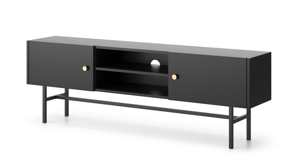 TV-Lowboard Schwarz 155 cm Diva – 2 Schränke, offene Fächer, goldfarbene Griffe, Metallfüße