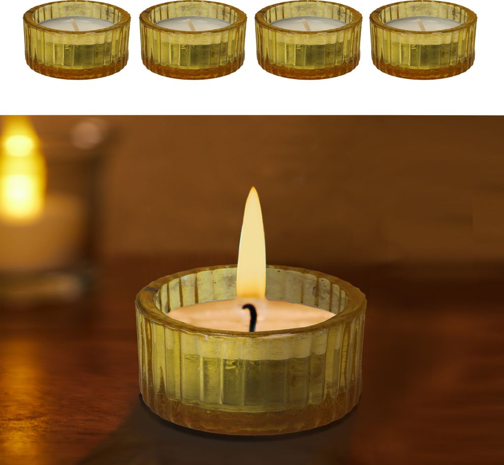 Teelichthalter 4er Set Glas gelb Ø5x3cm Teelichtglas Kerzenglas Windlicht Glasgefäß Tischdekoration Kerze Adventsdeko Teelichthalterung