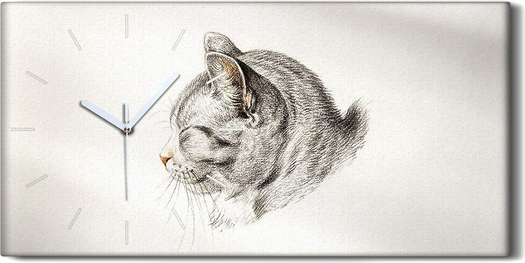 Wandbild Leinwand Bilder mit Uhr Geräuschlos 60x30 Zeichnung Tier Katze Kunst - weiße Hände