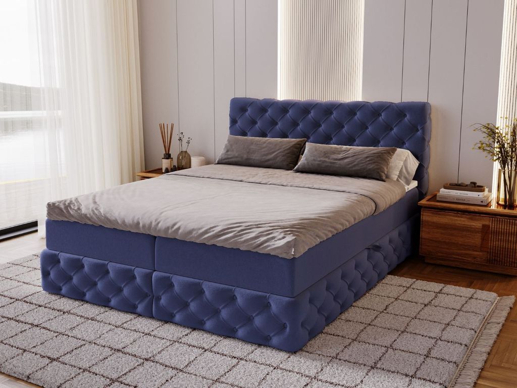GrainGold Boxspringbett Canolo 140x200 - Bett mit Matratze und Topper - Boxspringbett mit Bettkasten und Matratze - Boxspringbett Dunkelblau (Royal...
