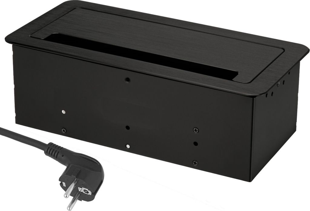 A black recessed power outlet with a cord and plug.