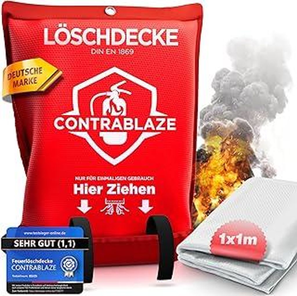 Contrablaze - Feuerlöschdecke 1x1m – Löschdecke für Küche & Haushalt – Feuerdecke für Notfälle, Brandschutzdecke EN Norm , Notfalldecke f...