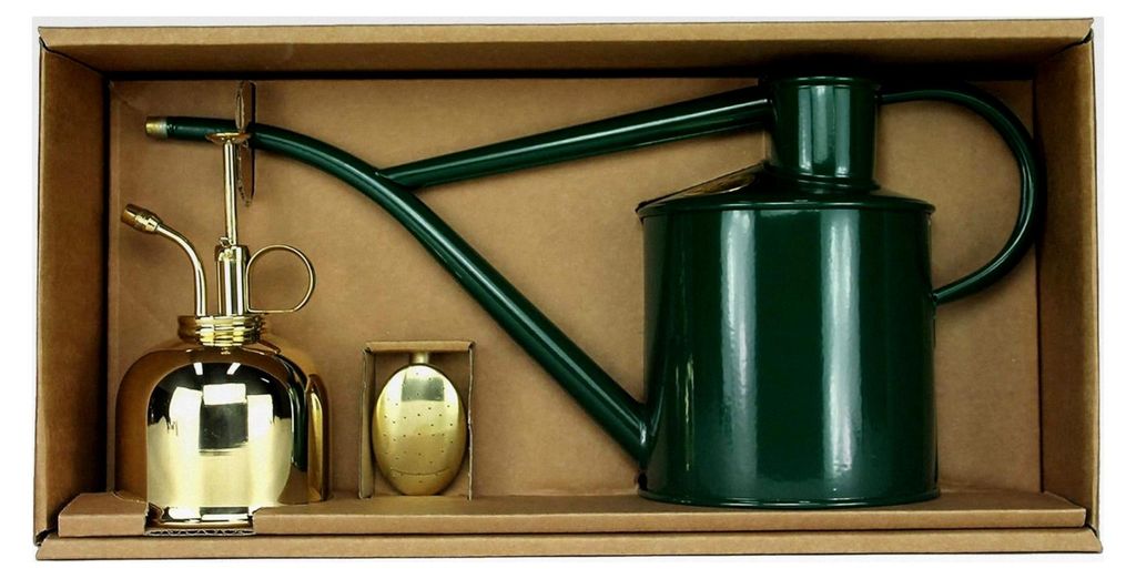 Zimmergießkanne Grün 1 L und Pflanzensprüher Messing 300 ml im Set