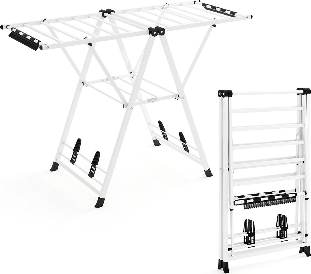 COSTWAY Wäscheständer klappbar mit verstellbaren Flügeln, Sockenklammern & Schuhablage, Wäschetrockner ausziehbar, Trockenständer, Weiß,141cm