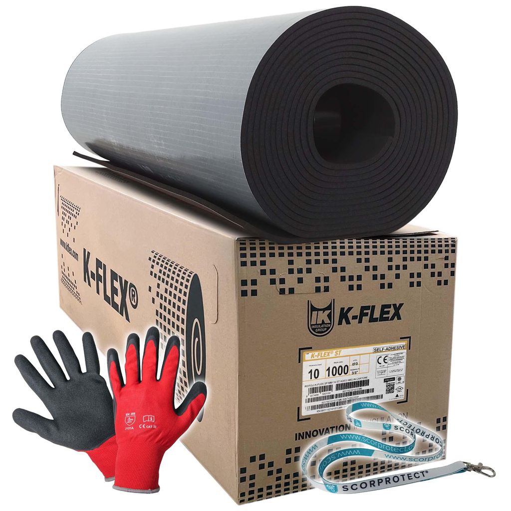 10 mm K-Flex ST Kautschuk Platte selbstklebend + rote Handschuhe CAT 2 + Scorprotect Schlüsselband : Isolierstärke 10 mm, 1000 x 10000 mm Isoli...