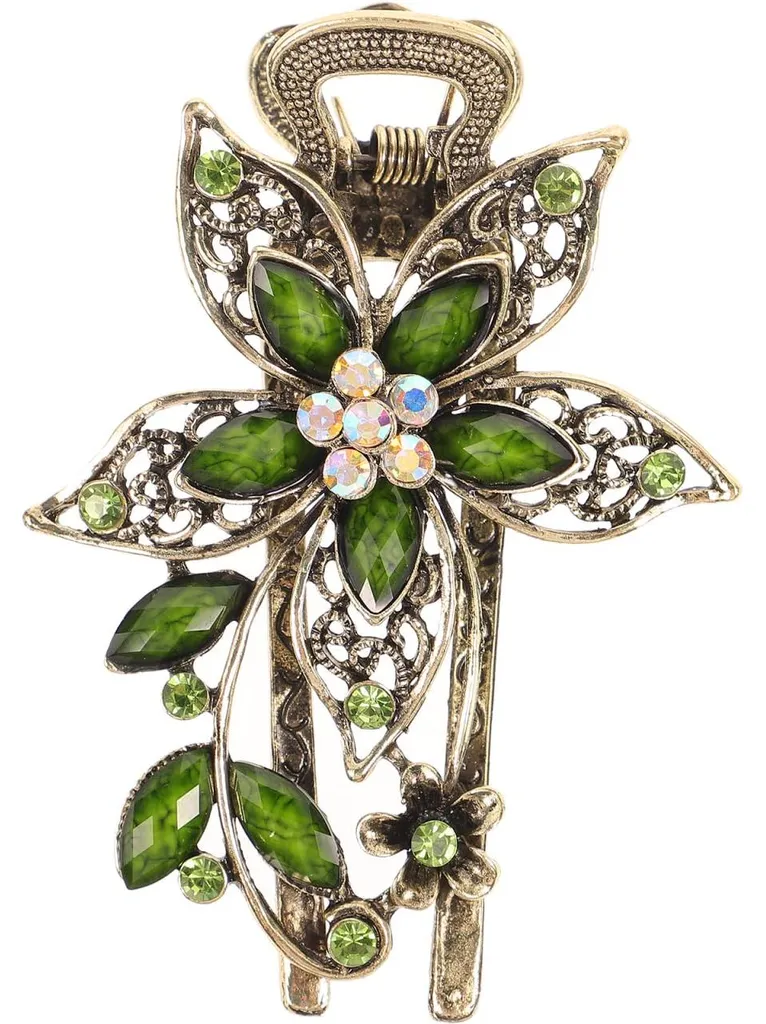 Barrette vintage avec strass et motif feuille verte, pince antidérapante