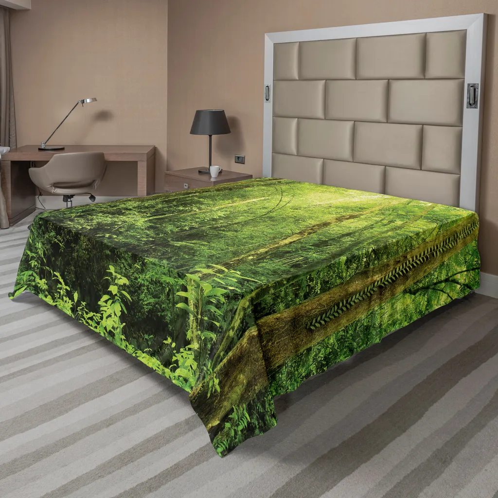 Drap plat imprimé exotique pour lit 2 personnes motif forêt d'Asie vert