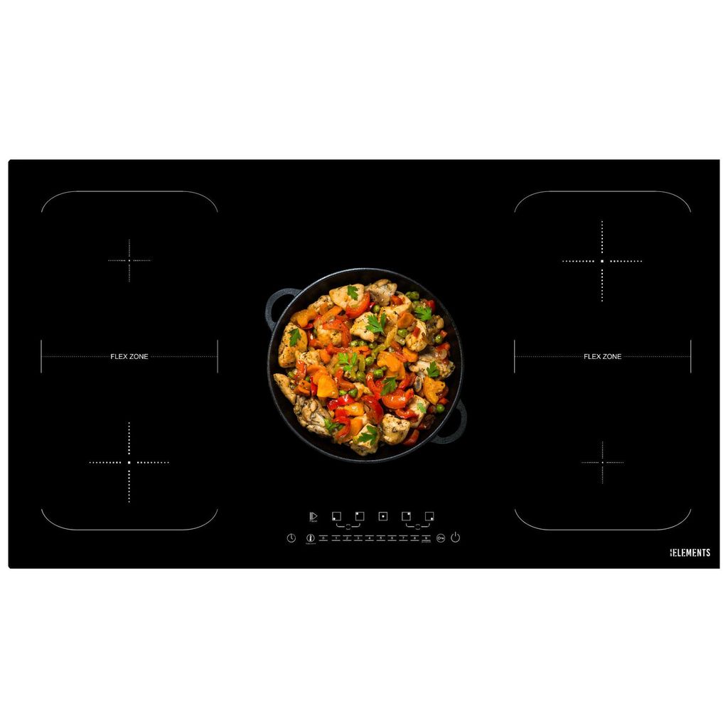 A black induction hob with a pot of food on it.