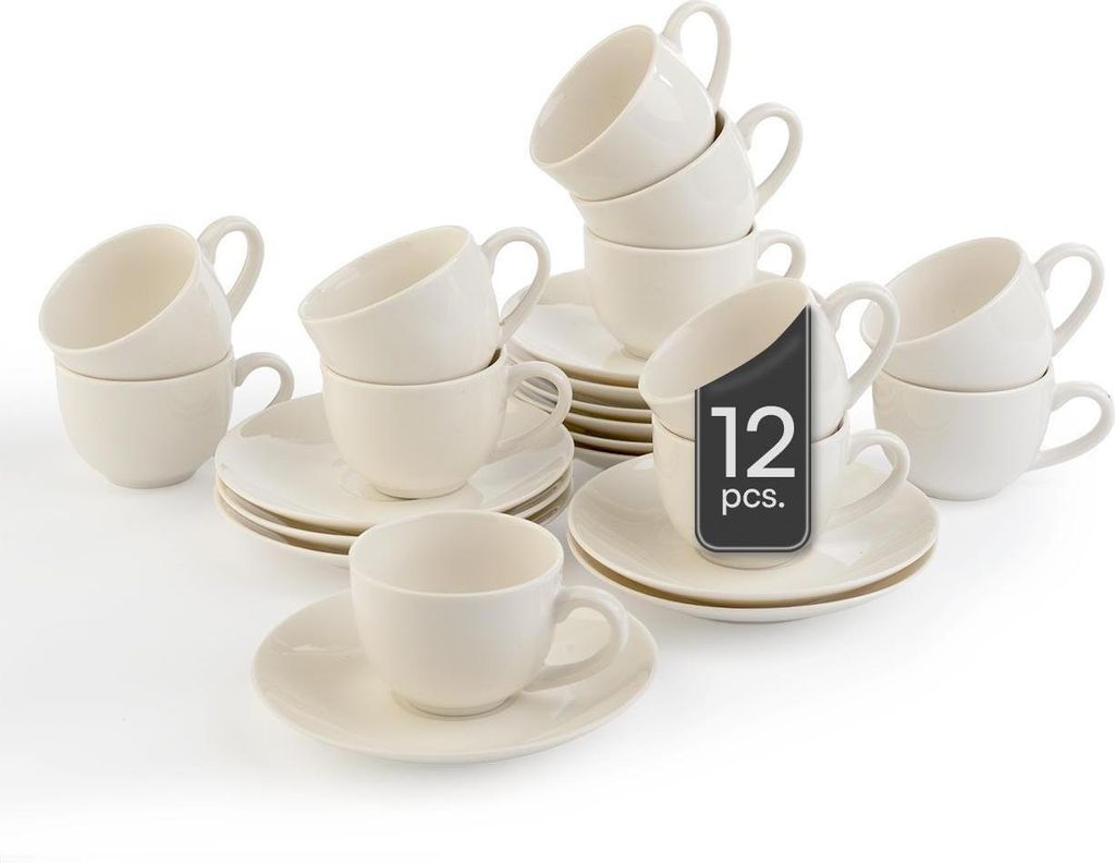 Espressotassen mit Untertassen - 90 ml - Weiß - Bone China - 12er Set