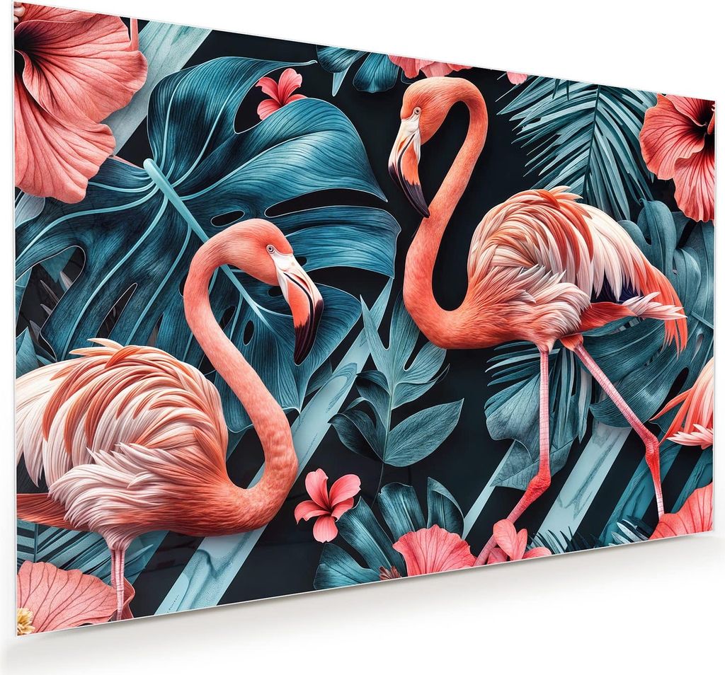 Glasbild 90x60cm in XXL für Wohnzimmer, Schlafzimmer Motiv Flamingos und Blumen
