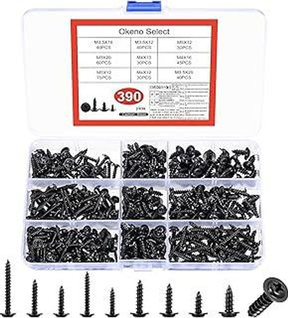 Okeno Select 390 Stück Blechschrauben Selbstschneidende Schrauben Metall Schwarz, M3 M3,5 M4 M5 Holzschrauben Set, Flachkopfschrauben Schwarze Sch...